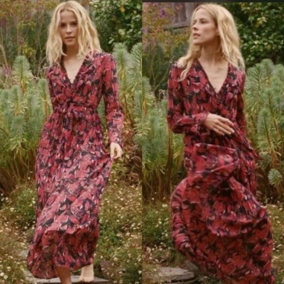 Dôen Assam Maxi Dress Button Up Long Sleeve Tropical Floral Red Pink Black Small - Picture 13 of 13